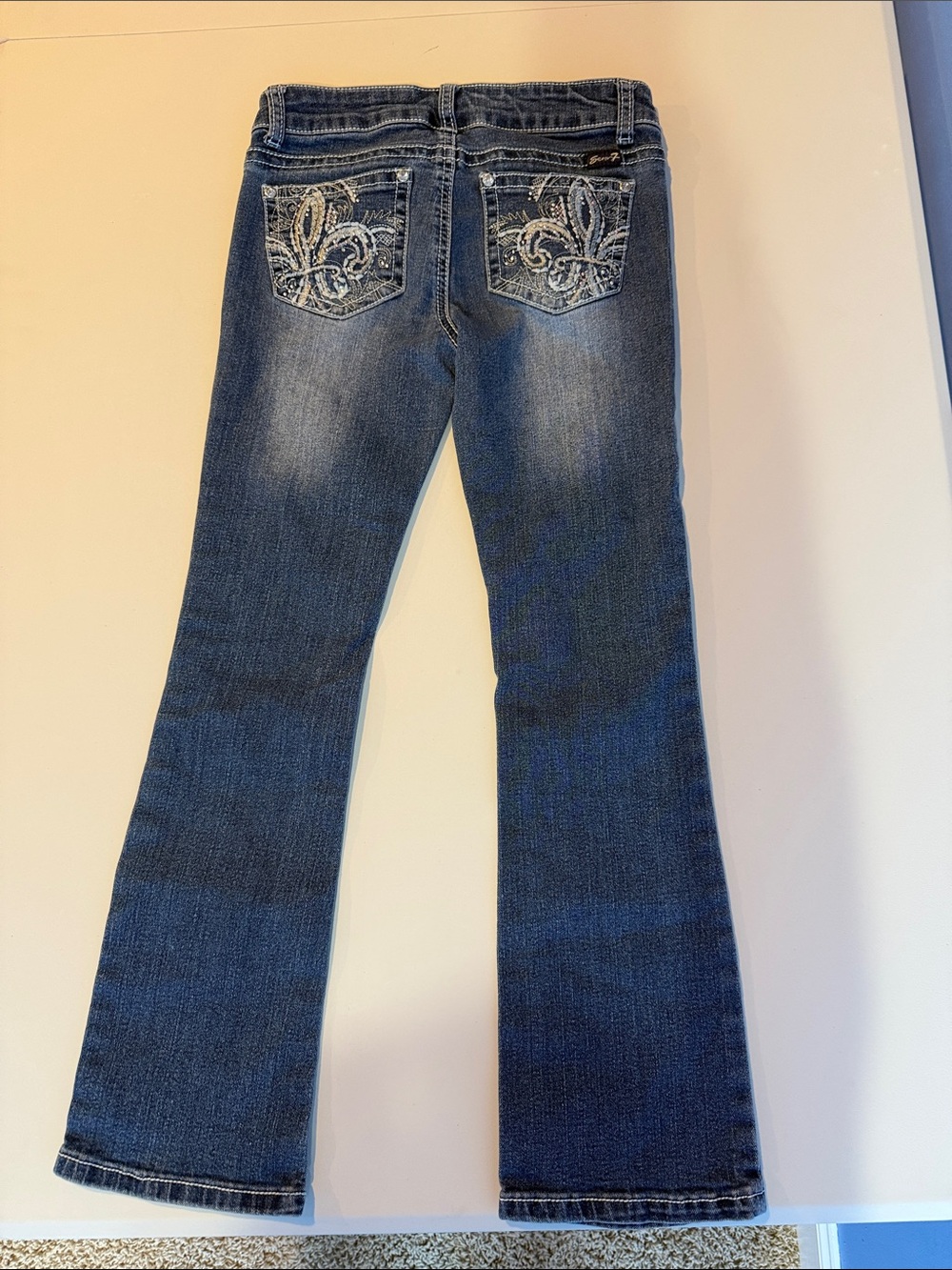 Seven7 Dark Blue Flare Jeans with Embroidered Back Pockets